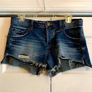 Free People, Jean shorts with distressing, dark denim. Size 26, EUC